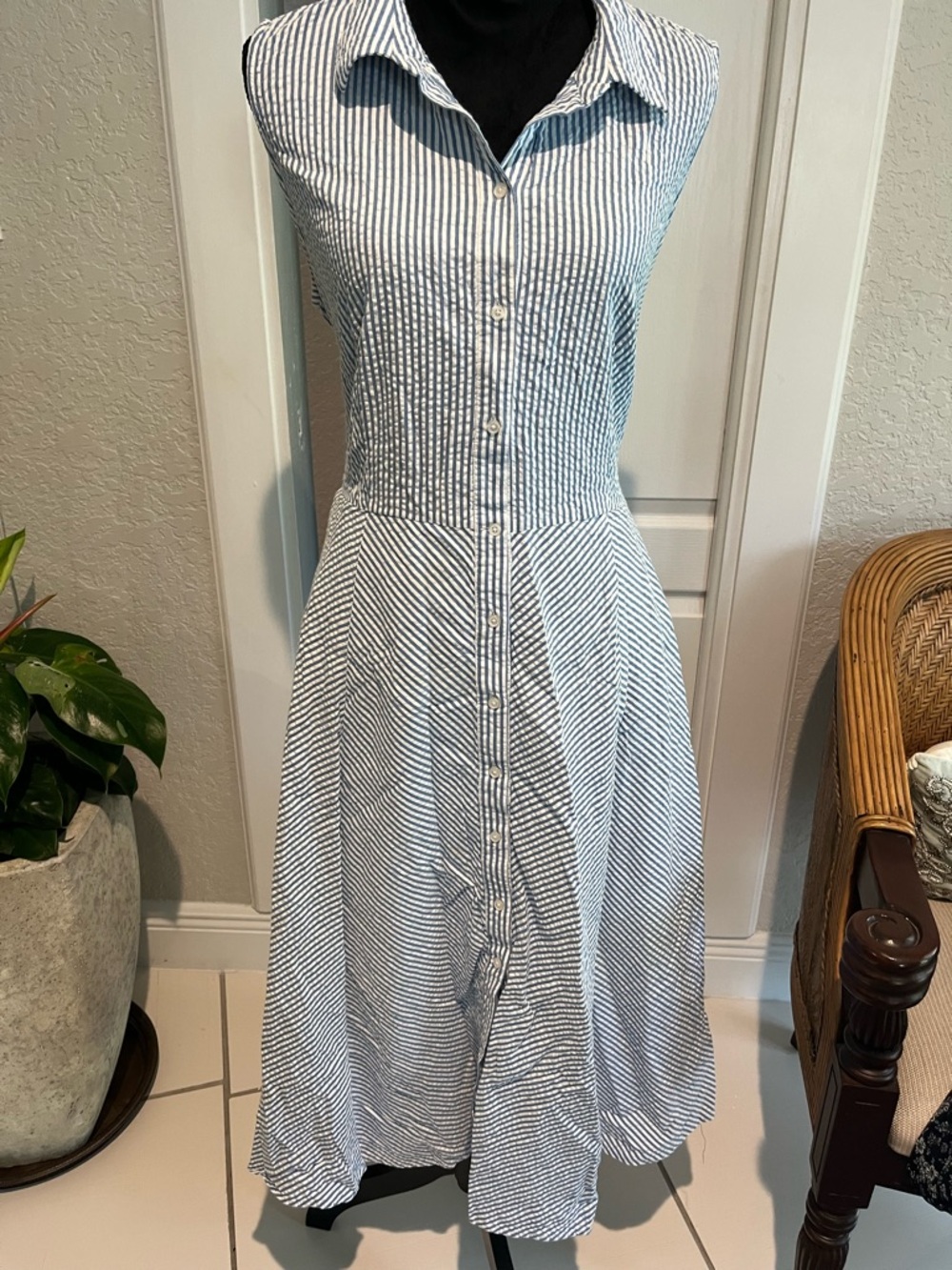 Charter Club Blue and White Striped Sleeveless Button-Front Midi Dress